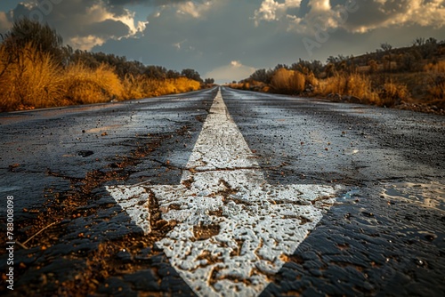 Vivid close-up of cracked and faded road paint against the backdrop of an overcast, storm-threatening sky