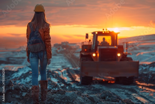 A woman in a hard hat and backpack gazes at the sunset while standing in front of a bulldozer at construction site
