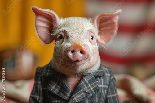 Adorable piglet dressed in a formal checkered suit making an amusing fashion statement © Larisa AI