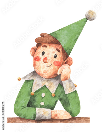 Christmas elf. Watercolor illustration. New Year and Christmas hand-drawn greeting card. 