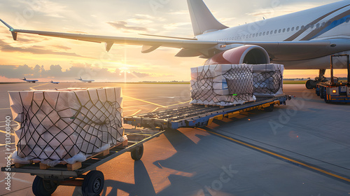 boxes of goods are loaded onto transport planes, international freight transport