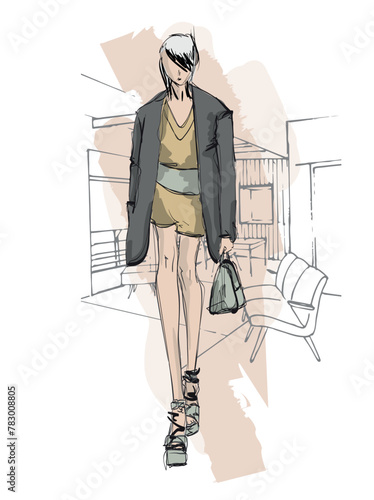 beautiful women in stylish clothes. Fashion sketch