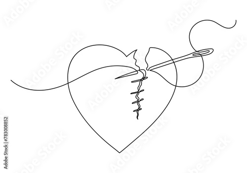 Fixed broken heart. The heart is sewn with a thread and a needle. Continuous line drawing.