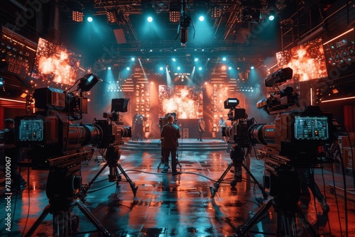 A look behind the scenes of a movie production, showcasing the intense lighting and cameras in a studio setting