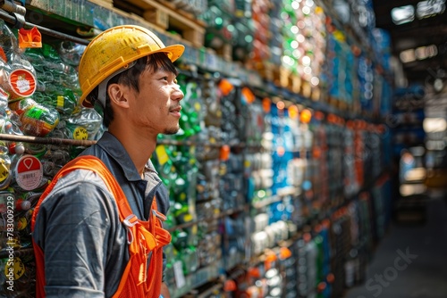 An image showing a warehouse worker with a hard hat inspecting stocked beverage products in a warehouse aisle