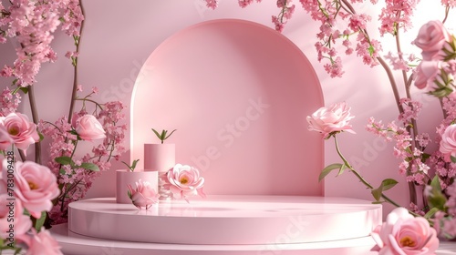 Podium background flower rose product pink 3d spring table beauty stand display nature white. Garden rose floral summer background podium cosmetic valentine easter field scene gift pink day romantic photo