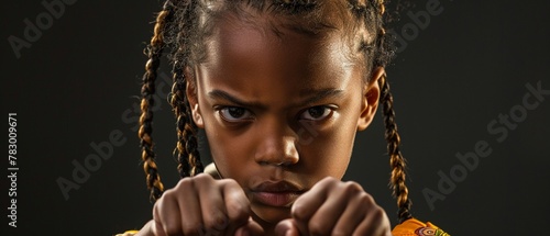 A determined young girl with braided hair makes a strong face photo