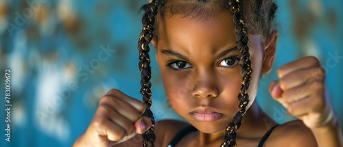 A determined young girl with braided hair makes a strong face photo