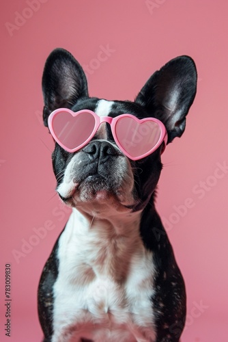 A playful black and white dog wearing pink heart-shaped sunglasses against a pink background.