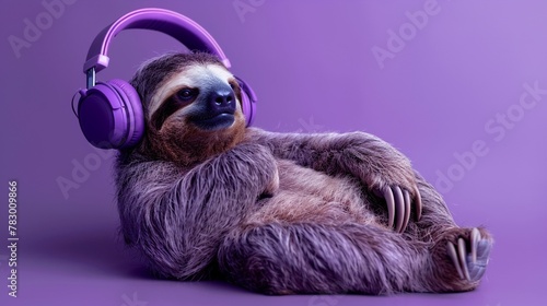 A relaxed sloth enjoying music with purple headphones