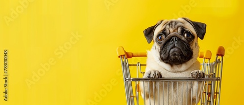 An adorable pug looking curiously out of a shopping cart set against a bright yellow background