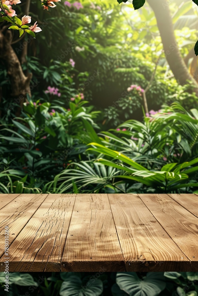 An empty wooden tabletop with a view of a lush garden backdrop An empty wooden tabletop with a view of a lush garden backdrop