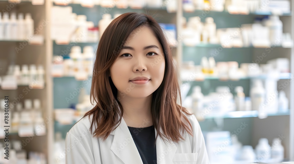 Portrait of a young female pharmacist with the shelves of medicines behind her out of focus. Pills