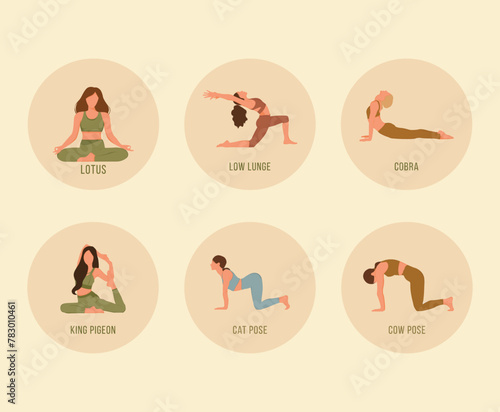 Set of 6 yoga poses or asana posture in flat design. Young women in various poses practice yoga. Vector illustration EPS 10