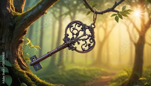 A vintage ornate key hanging from a tree branch in a mystical forest bathed in morning sunlight, suggesting hidden secrets and adventures.. AI Generation