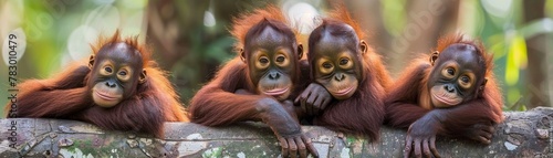 Three young orangutans showing playful expressions while lounging on a log in their natural habitat.