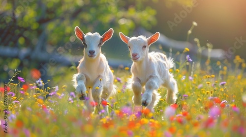 Two playful baby goats frolicking in a sunny spring meadow filled with wildflowers