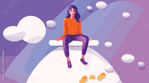 Drug addicted girl sitting on huge pill flat vector