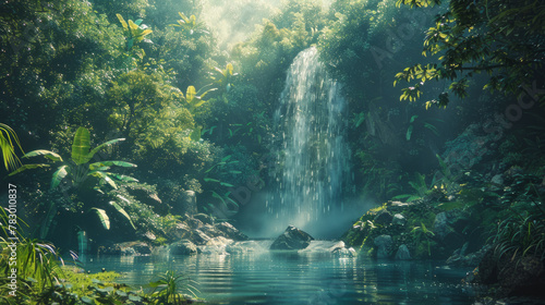 A breathtaking waterfall in a tranquil forest oasis, surrounded by untouched beauty under a brilliant blue sky.