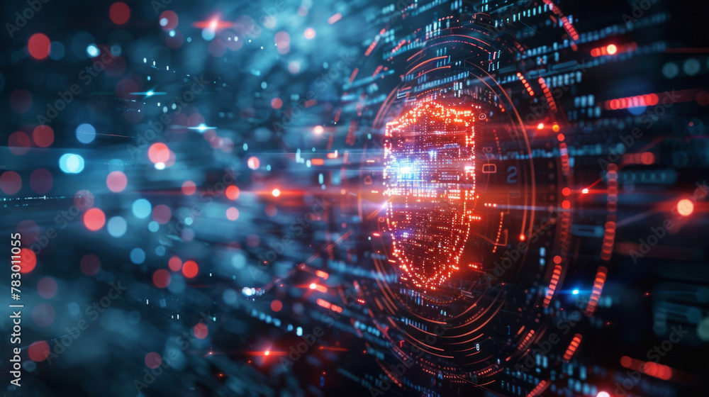 Fototapeta premium A holographic shield encompassing a digital network, symbolizing comprehensive digital security measures.