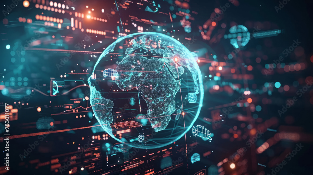 Global business vision represented by holographic globe with various business icons orbiting. Global business vision represented by holographic globe with various business icons orbiting.