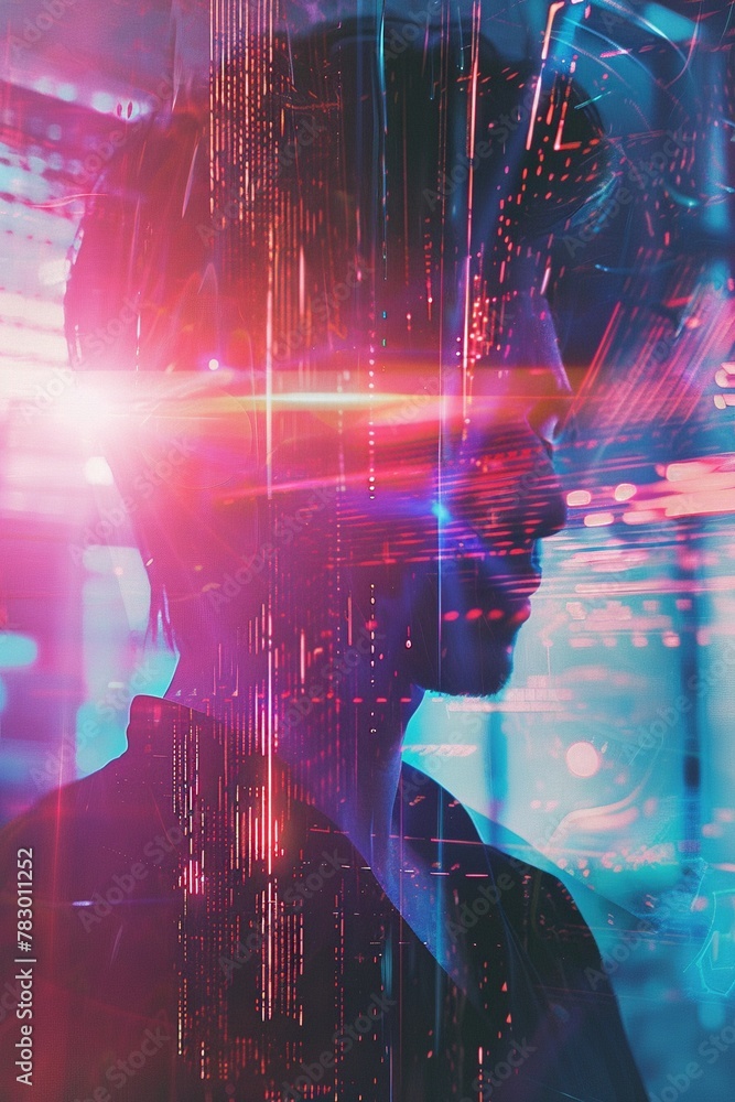 Human - A photorealistic glitch artwork showcasing an anamorphic lens distortion and a surreal blend of digital and real elements, complete with lens flare Human - A photorealistic glitch artwork showcasing an anamorphic lens distortion and a surreal blend of digital and real elements, complete with lens flare