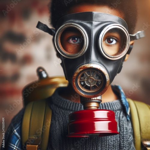 Close-up of a child wearing a gas mask