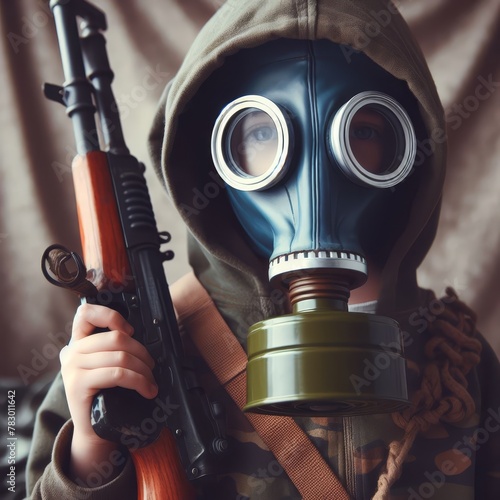 Close-up of a child wearing a gas mask