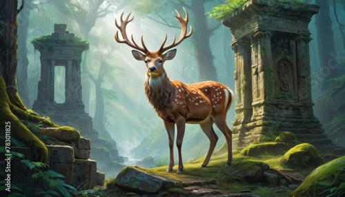 A noble stag stands amidst ancient forest ruins, shrouded in soft light filtering through a mystical woodland.. AI Generation