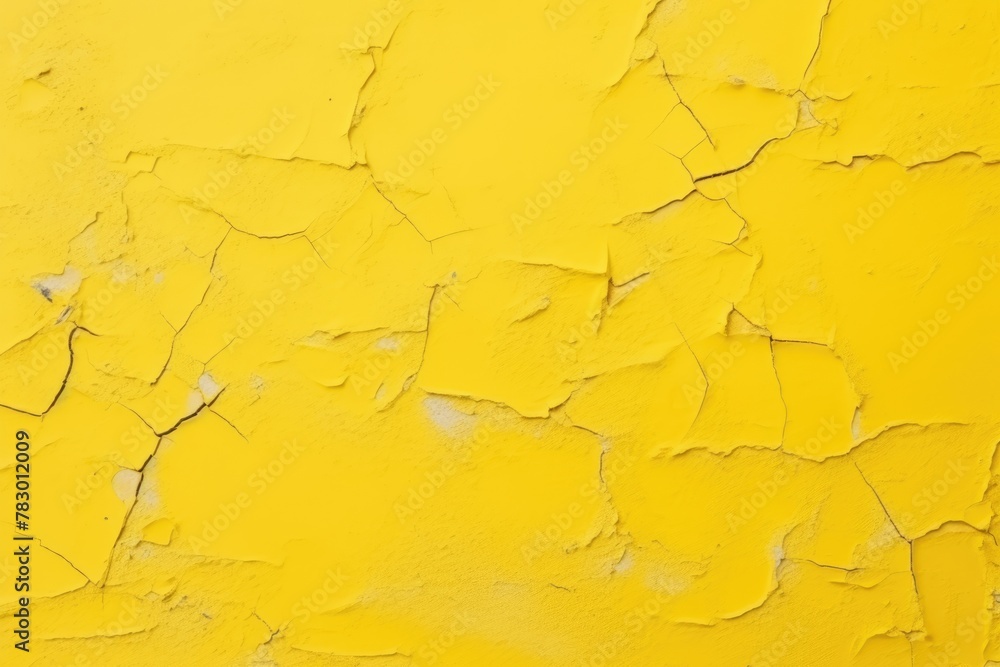Naklejka premium Vivid yellow wall with a detailed network of cracks and peeling paint, highlighting texture and decay. Cracked Yellow Paint Texture on Wall