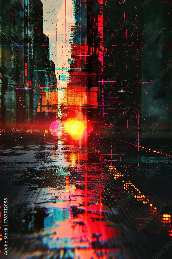 Fototapeta premium A warped and distorted scene rendered in a hyper-realistic style, combining a modern glitch effect with an anamorphic lens and dramatic lens flare.
