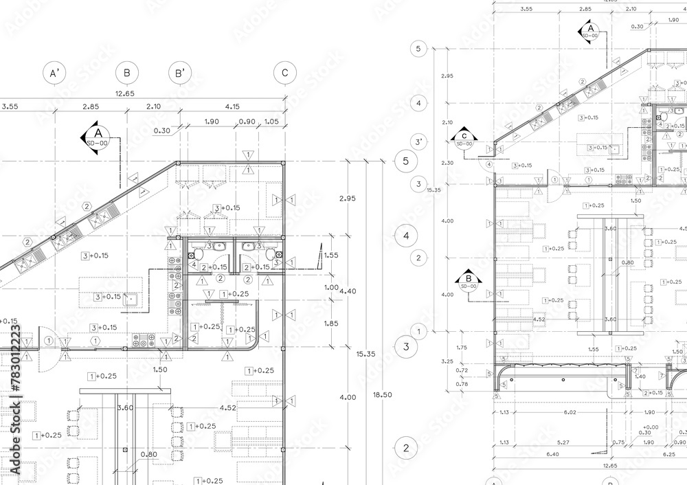 Floor plan designed building on the drawing. Floor plan designed building on the drawing.