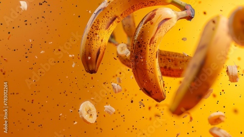 Bananas flying chaotically in the air, bright saturated background, spotty colors, professional food photo