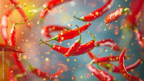 Chili Peppers flying chaotically in the air, bright saturated background, spotty colors, professional food photo