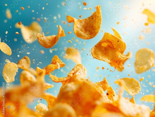 Chips flying chaotically in the air, bright saturated background, spotty colors, professional food photo