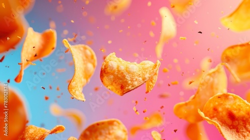 Chips flying chaotically in the air, bright saturated background, spotty colors, professional food photo