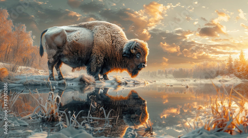 Buffalo Grazing Peacefully by Still Pond, Gazing at Reflection in Tranquil Waters. © pengedarseni