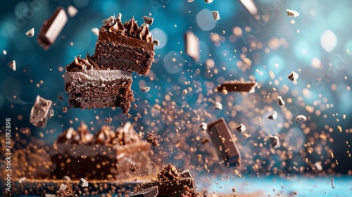 Chocolate cakes flying chaotically in the air, bright saturated background, spotty colors, professional food photo 