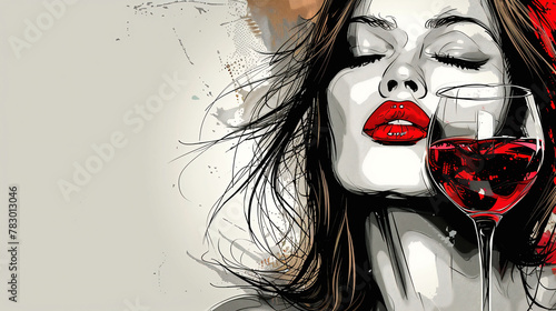 Woman with glass of red wine. Red wine color and her lips. Space for text