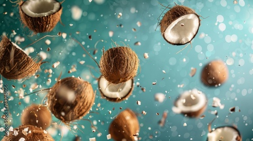 Coconuts flying chaotically in the air, bright saturated background, spotty colors, professional food photo