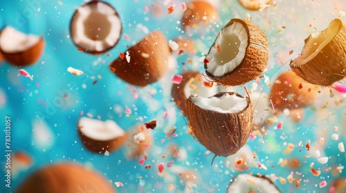 Coconuts flying chaotically in the air, bright saturated background, spotty colors, professional food photo
