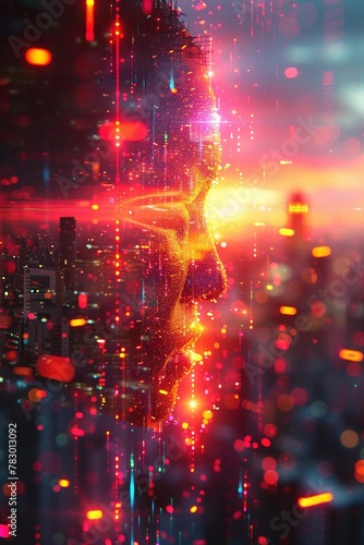 Futuristic scene rendered in a photorealistic style, featuring a digital glitch effect with an anamorphic lens and lens flare. (This highlights the futuristic theme)