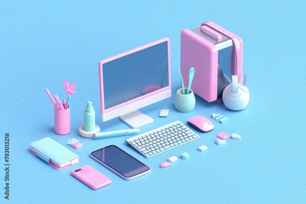 Modern pink computer desk setup with mouse, keyboard and other accessories on blue background