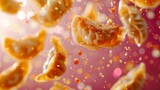 Dumplings flying chaotically in the air, bright saturated background, spotty colors, professional food photo