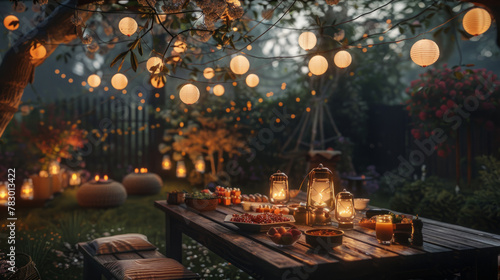 Romantic backyard gathering with lanterns  food  and live music under the stars.
