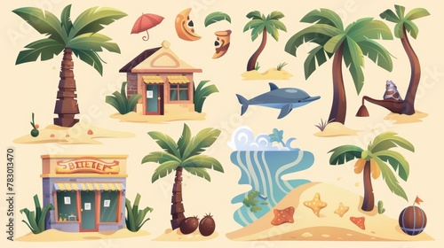 Beach illustration set with coconuts  dolphins  palm trees  sand hills  and street shop facades on a beige background.