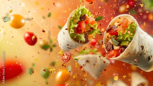 Ingredients for buritto flying in the air, bright saturated background, spotty colors, professional food photo