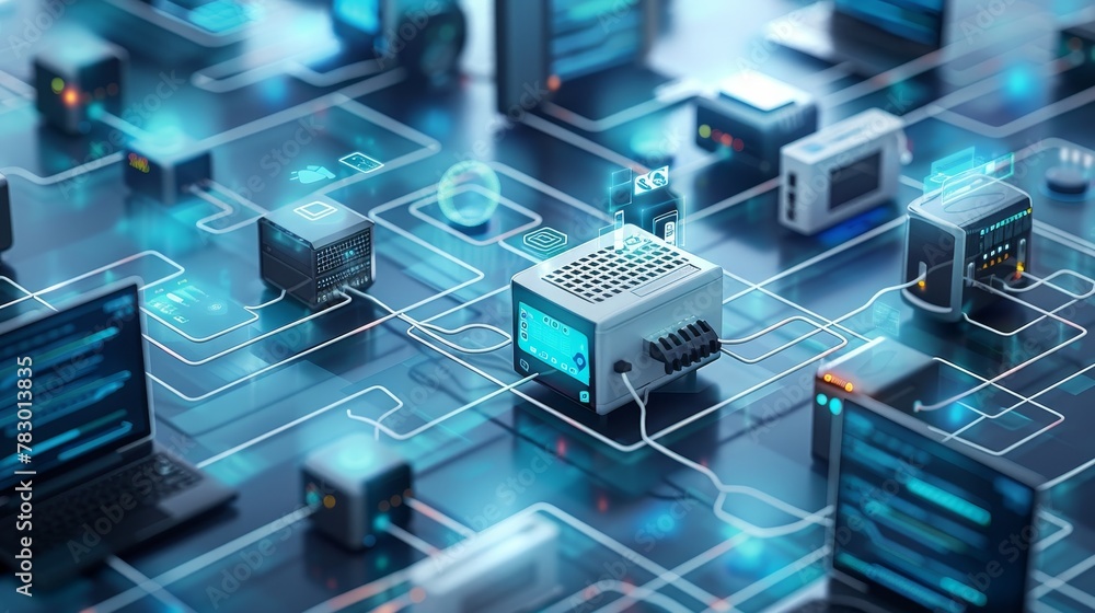 Business Network: A 3D vector illustration of networked devices in an office Business Network: A 3D vector illustration of networked devices in an office