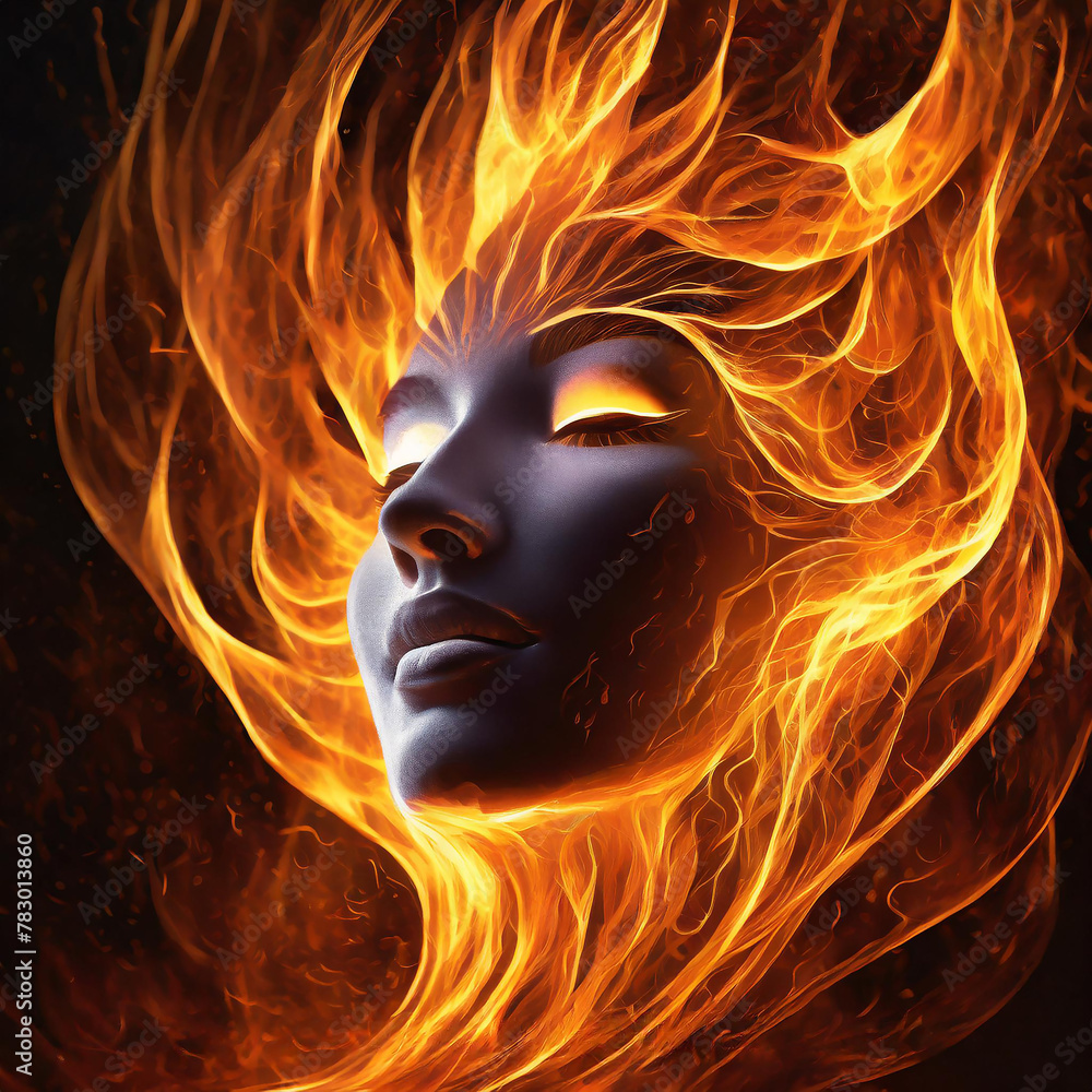 woman's face in fire, dark background, art