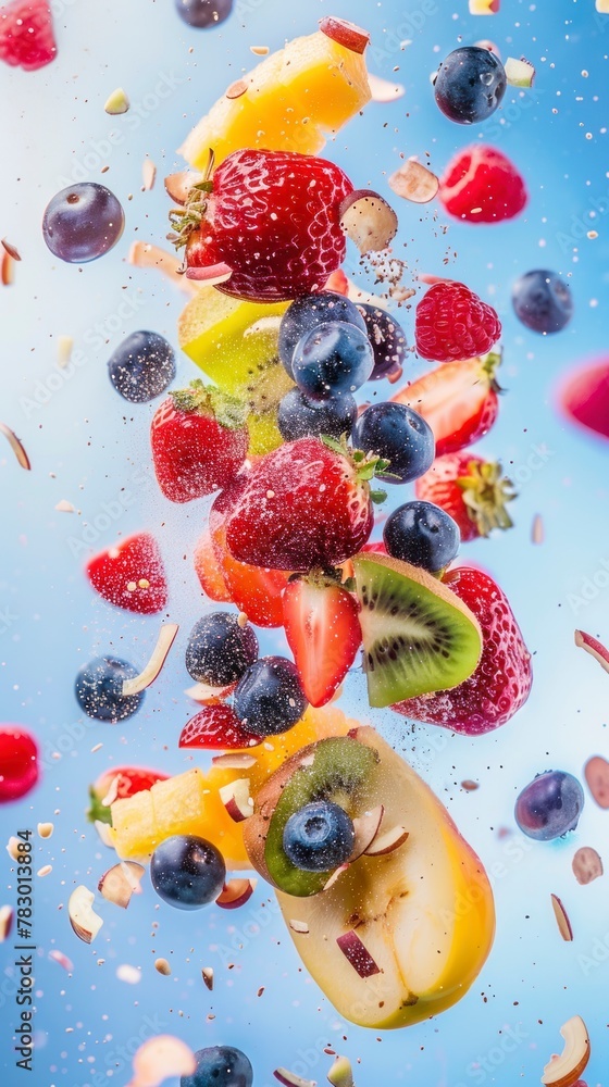 Ingredients for fruit salad flying in the air, bright saturated background, spotty colors, professional food photo Ingredients for fruit salad flying in the air, bright saturated background, spotty colors, professional food photo